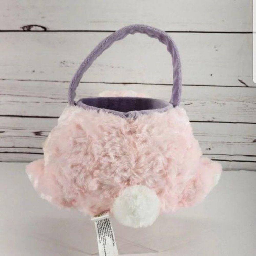 Animal Adventure Pink Plush Bunny Easter Basket Shaggy‎ Faux Fur Purple Handle - Picture 2 of 7